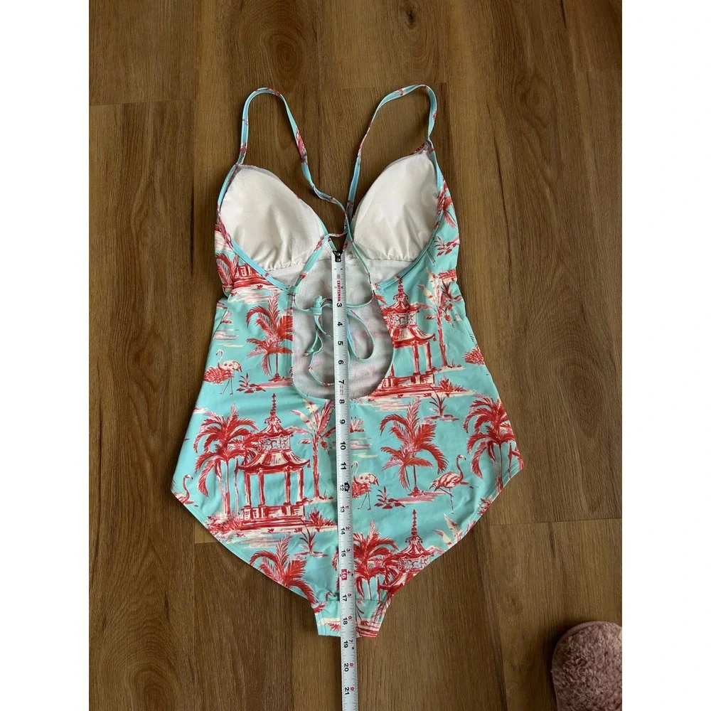 J.McLaughlin Tropical Toile Flamingo One Piece Swimsuit Aqua Coral‎ palmer 12